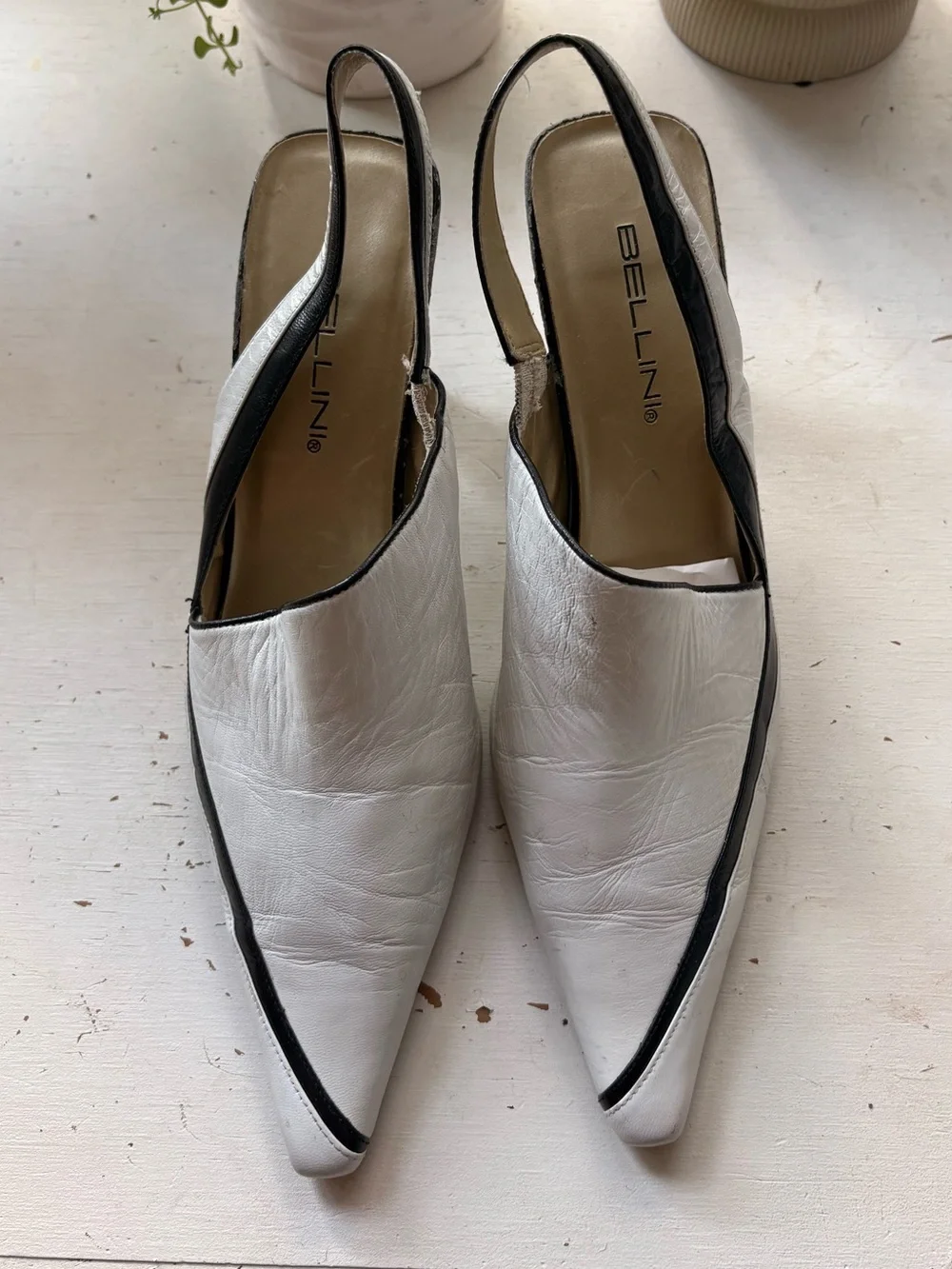 White and Black Leather Slingback Heels - Women's Fashion Pump